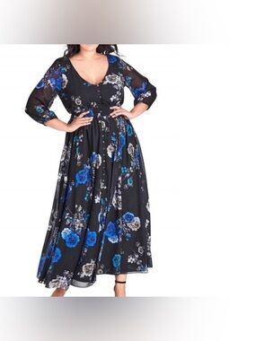 City Chic Electric Bouquet Maxi Dress Black with Blue Floral Print Size XL/22